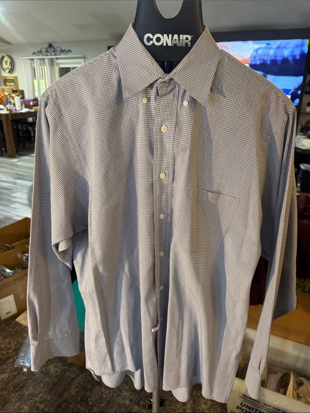 Van Heusen Men's Micro-Check Button-Down Shirt in Blue and White